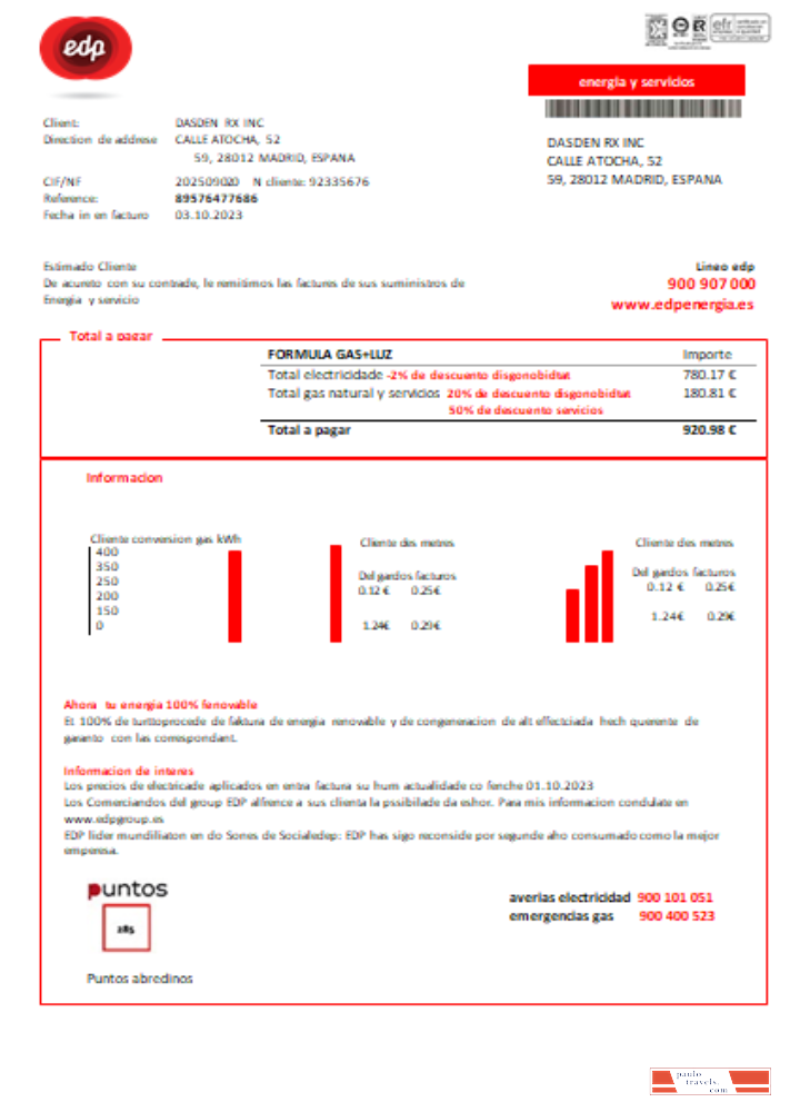 EDP Spain Energia utility business bill, SCR PSD template